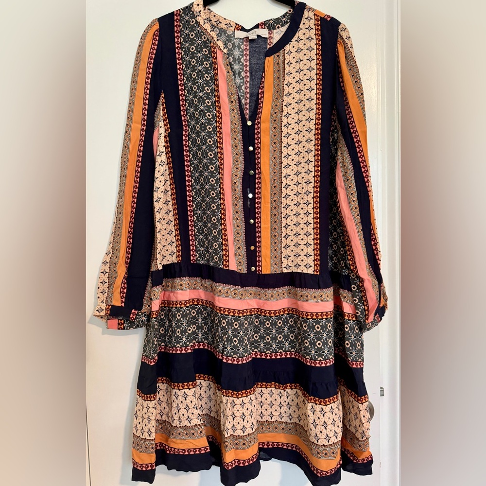 LOFT Striped Floral Long Sleeve Tiered Dress in Navy, Pink & Mustard